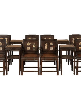 红木镶云石博古图开窗背屏椅成