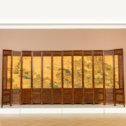 黄花梨透雕螭龙纹十二扇炕屏