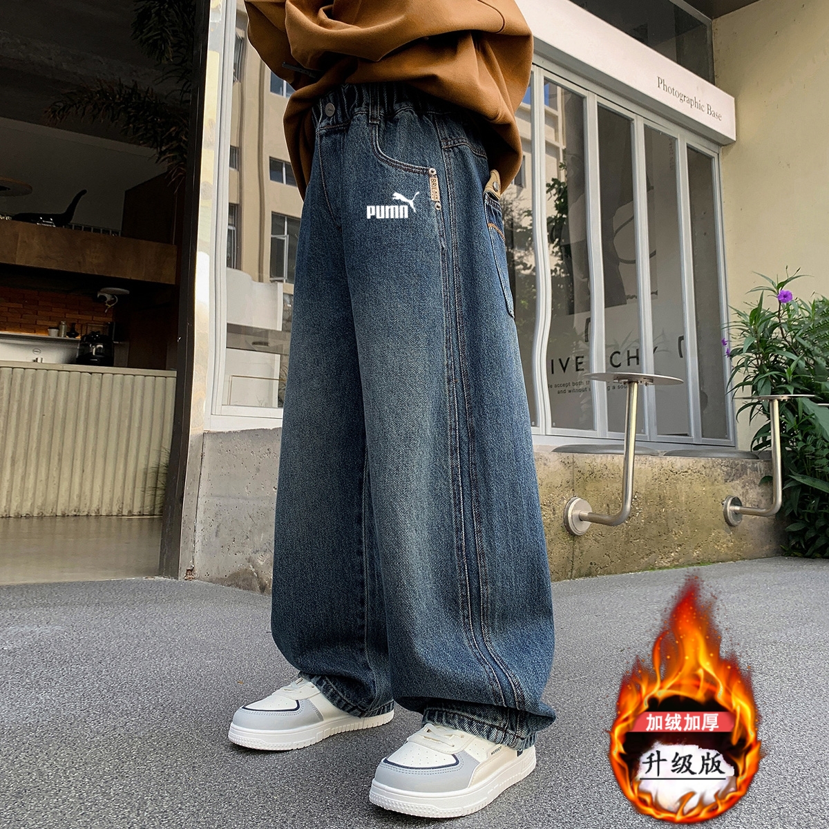 奥莱专柜男童牛仔裤秋冬加厚2025新款中大童男孩一体绒加绒长裤子