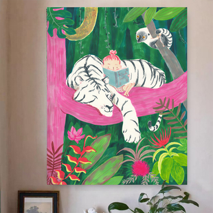 马蒂斯美式复古抽象艺术卡通白虎少女客厅装饰毯卧室餐厅床头挂毯