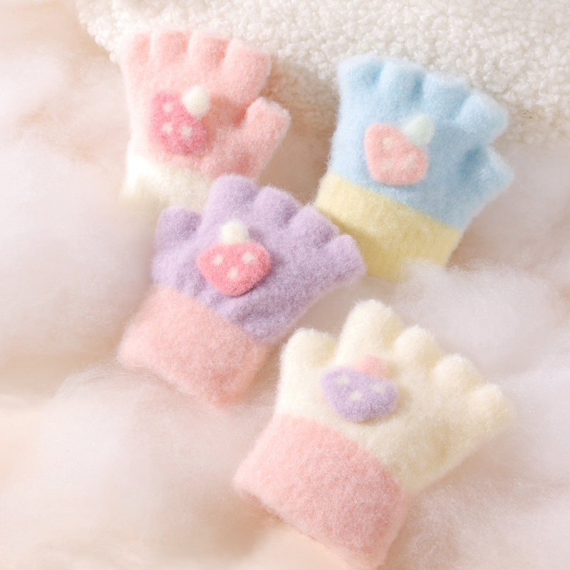 儿童手套秋冬天半指保暖宝宝女童可爱婴幼儿加厚小孩0-2岁小蘑菇