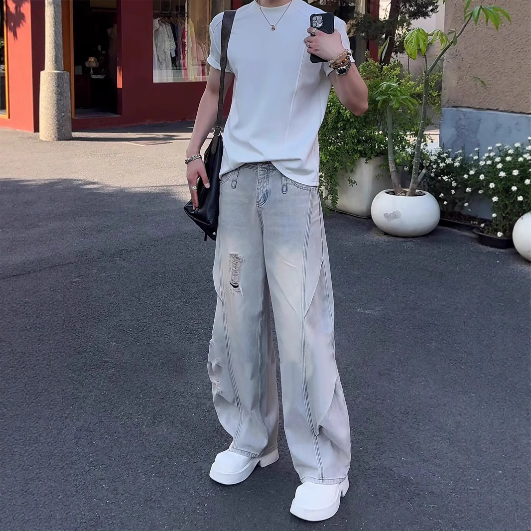 夏季新品设计感水洗破洞牛仔裤男款美式高街弯刀休闲裤直筒