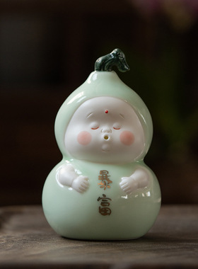 青瓷暴富葫芦茶宠摆件精品茶具小茶玩可爱家居摆件手工艺品装饰品