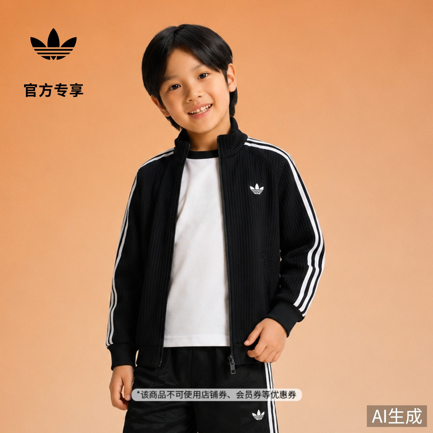 男女小童三条纹宽松舒适华夫格运动夹克外套adidas阿迪达斯三叶草
