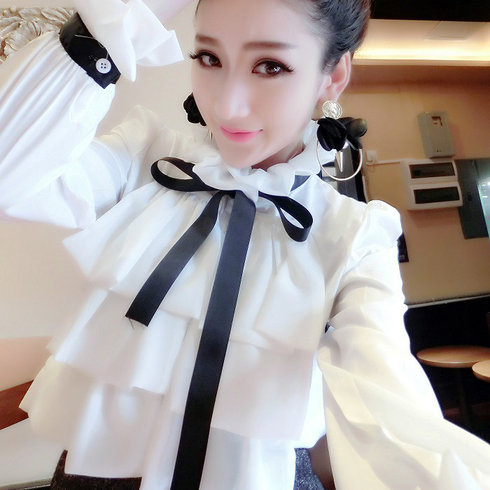春秋冬季新款长袖设计感小众韩版女装上衣系带领结荷叶袖雪纺衬衫