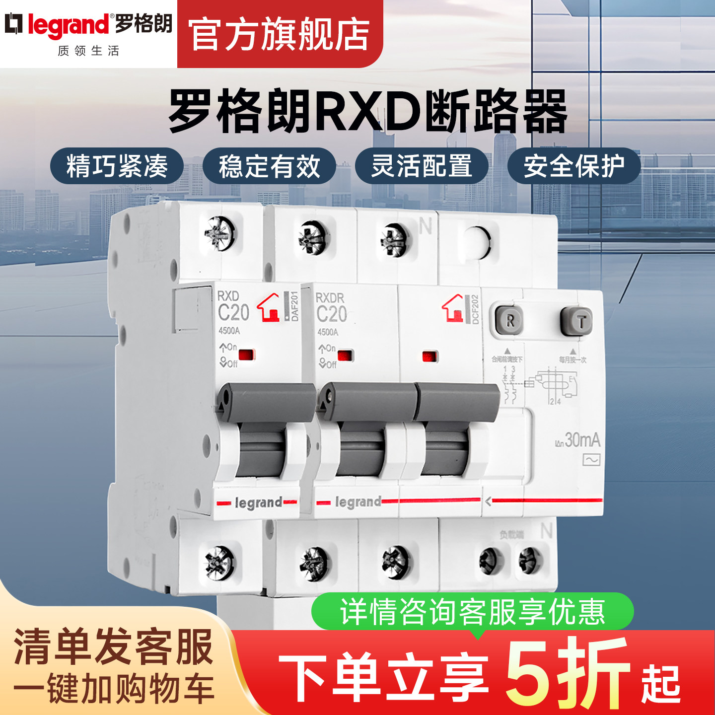 罗格朗RXD空气开关断路器1P2P63A带漏电保护器总开家用安全保护