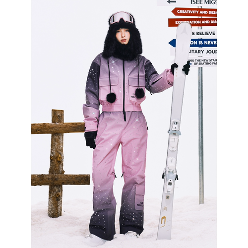 ISEEMIGGA【粉色渐变满钻】新款滑雪服女防寒3L修身双板雪服套装