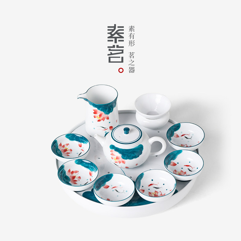 素茗手绘功夫茶具套装整套办公家用客厅陶瓷轻奢简约茶盘小套礼盒