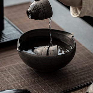 建水禅意家用水盂铁锈古铜茶渣缸 手工薄胎茶洗复古鎏金釉杯洗日式