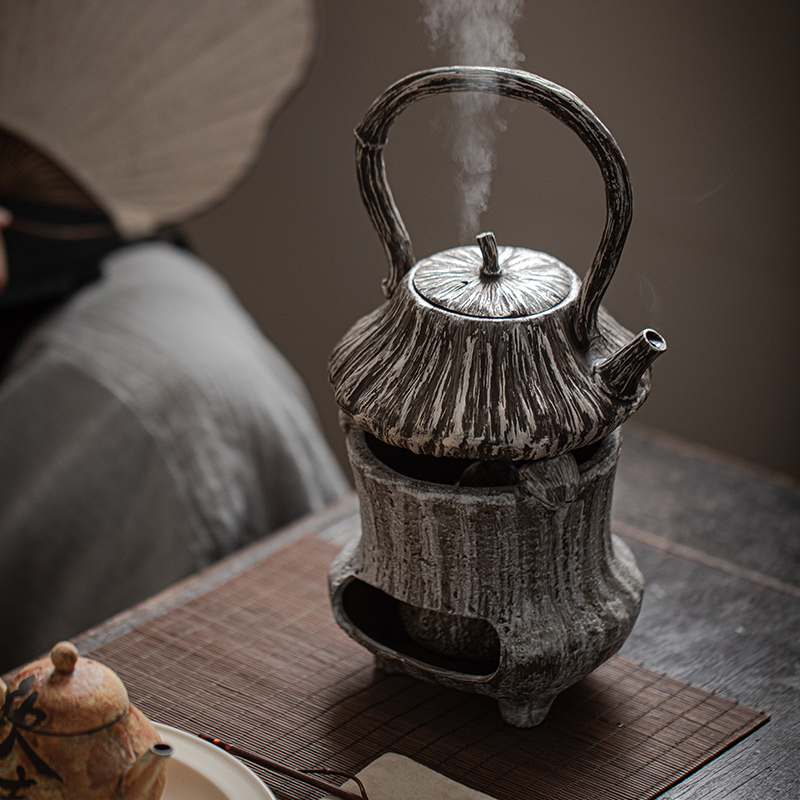 日式复古侘寂风务灰莲蓬提梁煮茶壶手工家用耐高温粗陶暖茶煮茶器