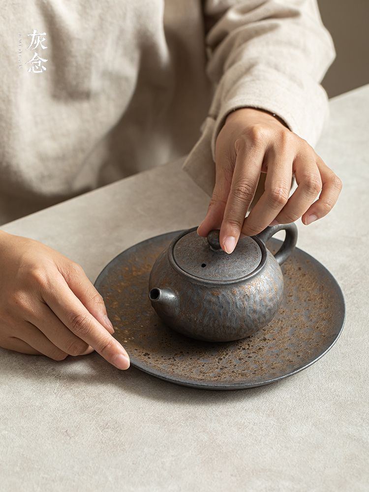 灰念粗陶泡茶壶鎏金铁锈釉泡茶器大号主泡壶日式复古家用锤纹茶壶
