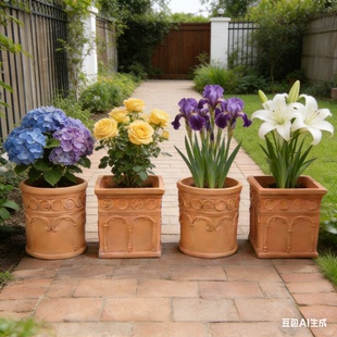 欧式别墅浮雕粗陶红陶圆复古做旧大花盆陶盆陶土落地户外大花盆