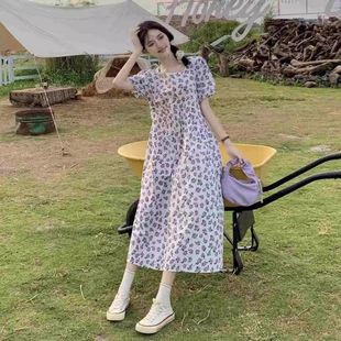 丝语韩系chic甜美复古碎花方领短袖 温柔风气质 连衣裙女夏季 新款