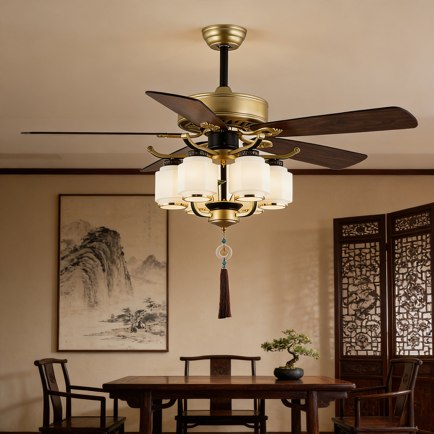 新中式复古吊扇灯客厅餐厅卧室吊扇中古风智能一体家用装饰风扇灯