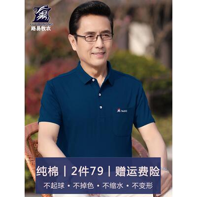 纯棉爸爸夏装短袖T恤中老年冰丝中年人翻领男士夏季爷爷男装上衣