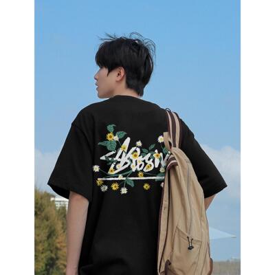 @港仔文艺男270g重磅短袖T恤男夏季背后印花潮流男生半袖体恤上衣