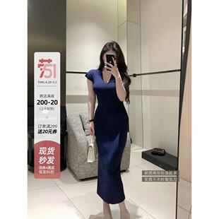 林关关御姐风修身连衣裙女夏季藏蓝色包臀裙子轻熟气质高级感长裙