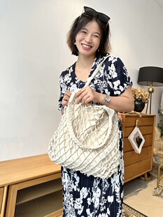 断码捡漏~时尚黑白印花裙气质V领短袖通身压褶系带修身显瘦连衣裙