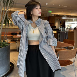 竖条纹衬衫 纯棉中长款 女百搭上衣 宽松廓形翻领长袖 万年宠不过时