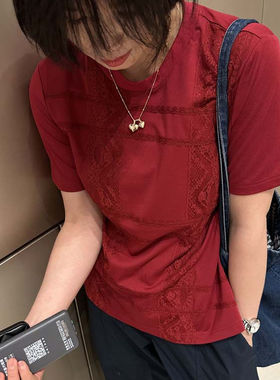 断码百搭~B囤 设计感拼接蕾丝纯色圆领短袖纯棉面膜质感T恤上衣女