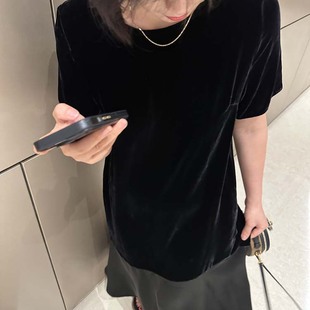 优雅高级感圆领短袖 轻奢 拼接鱼尾摆长裙黑色显瘦真丝丝绒连衣裙