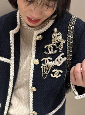 高端定制~小香风气质 精致金属扣撞色花边圆领针织花呢编织外套女