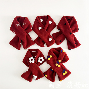 冬季新款新年喜庆红色宝宝毛线围巾秋冬款女宝宝围脖保暖交叉脖套