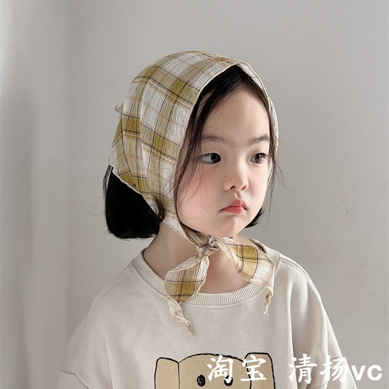 韩国可爱女宝宝三角巾春秋季时尚女童小围巾棉麻包头法式格子头巾