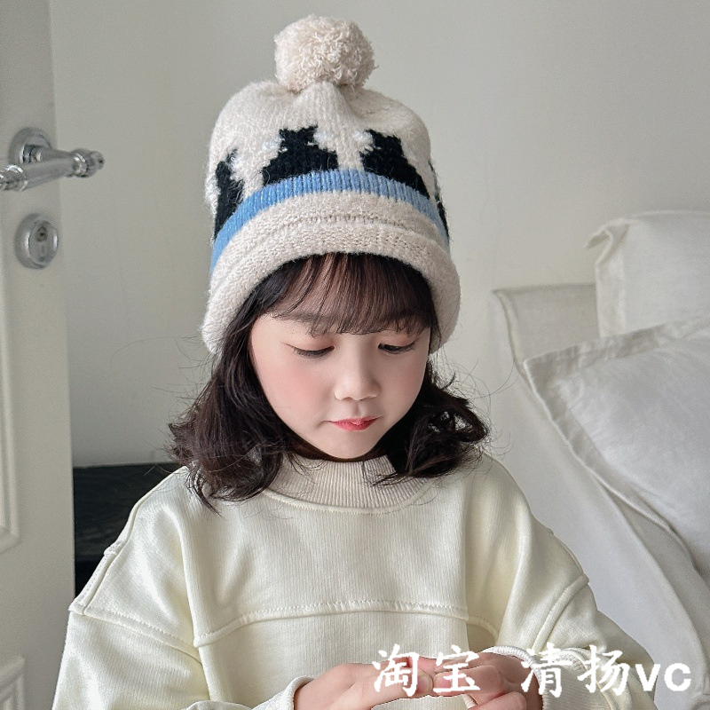 韩版时尚儿童毛线帽冬季保暖女童帽冬天毛球套头帽潮童氛围感冬帽
