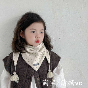 秋冬季新款儿童围脖女童百搭蝴蝶结流苏三角巾纯棉保暖女孩小围巾