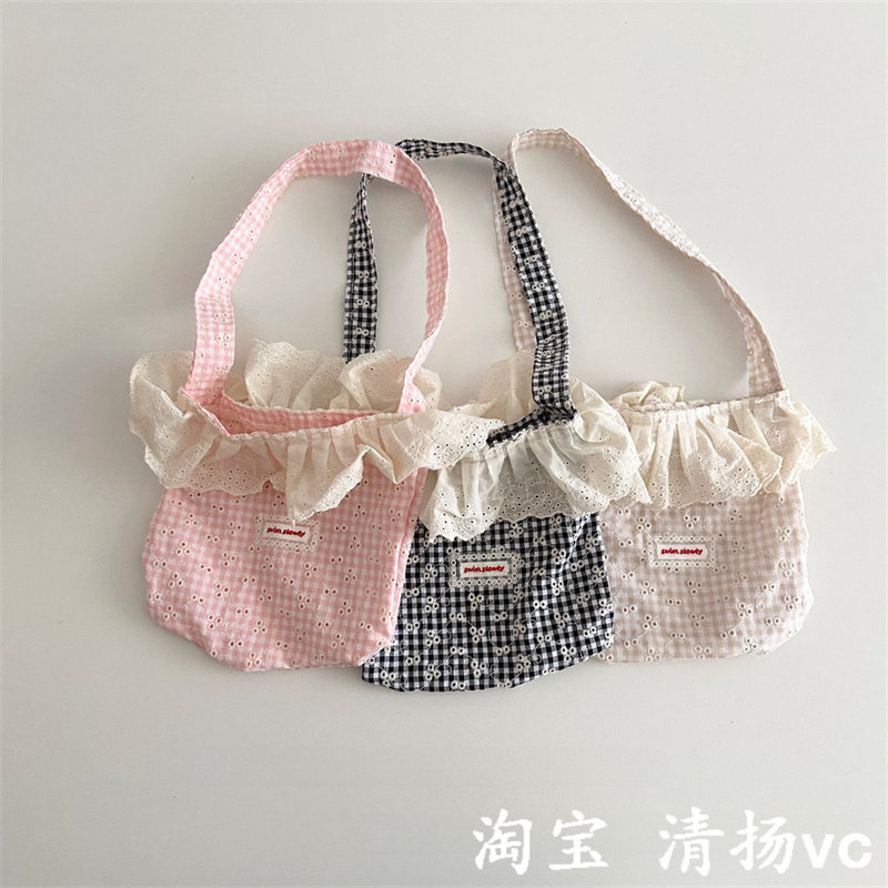 春夏款洋气宝宝斜跨包 韩版ins花边格子女童单肩包凹造型儿童包包