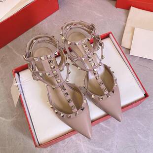 铆钉包头凉鞋女高跟2025年新款夏季时尚尖头浅口三环跨境平底鞋女