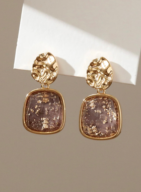 925银针琥珀碎琉璃感耳环高级感轻奢气质大气夸张独特漂亮耳饰