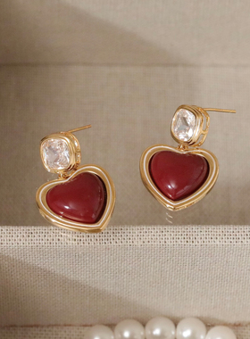 925银针红色爱心耳坠独特漂亮耳环轻奢高级感女人味耳钉复古耳饰