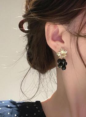 925银针葡萄珍珠耳环艺术感耳坠高级感古着耳饰女