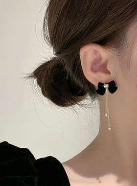 925银针丝绒蝴蝶结耳饰女气质耳坠流苏耳环小众设计感高级耳钉