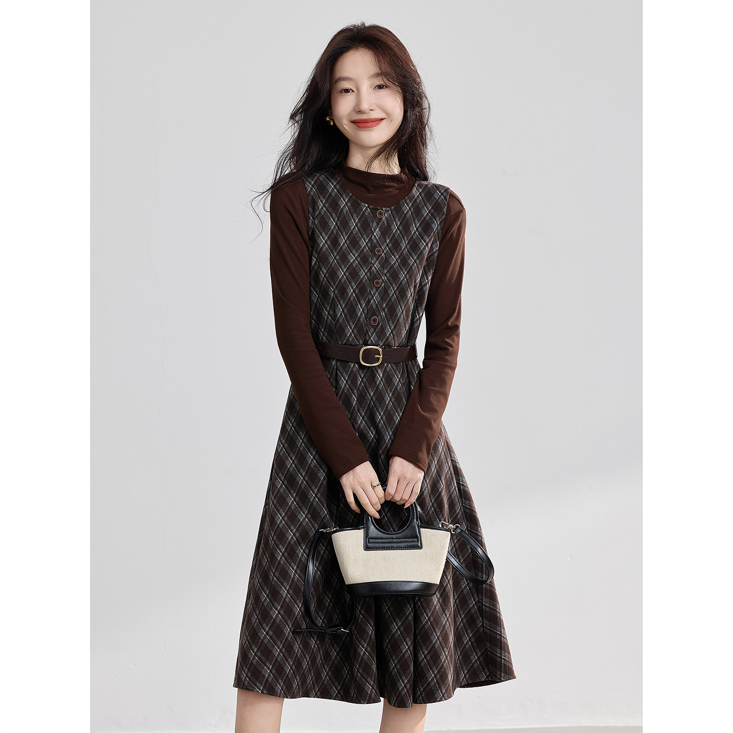 法式复古配腰带两件套冬季时尚格纹连衣裙打底衫套装,女装/女士精品,时尚套装,淘宝优惠券,粉丝福利购,淘宝优惠卷
