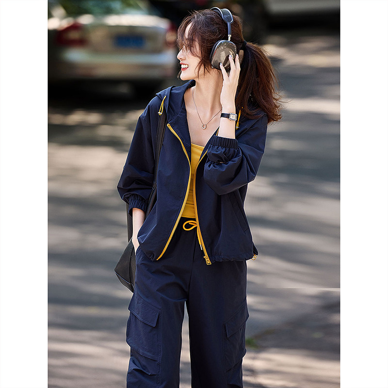 秋季时尚休闲工装连帽拉链夹克外套阔腿长裤抽绳套装女,女装/女士精品,时尚套装,淘宝优惠券,粉丝福利购,淘宝优惠卷