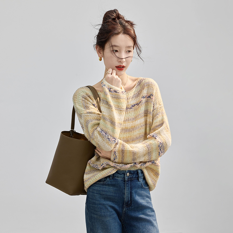 苏醒的乐园含绵羊毛秋季新品时尚甜美软糯渐变条纹针织毛衣套头衫