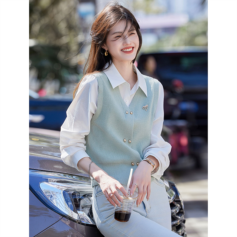 苏醒的乐园时尚翻领修身长袖打底衫假两件上衣衬衫拼接针织衫女
