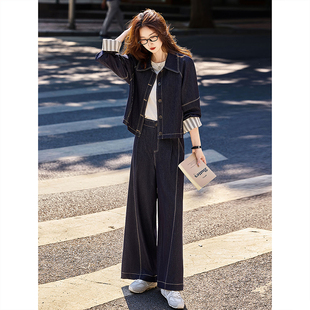 翻領條紋袖 蘇醒 樂園牛仔套裝 秋季 兩件套女 口夾克外套高腰闊腿褲