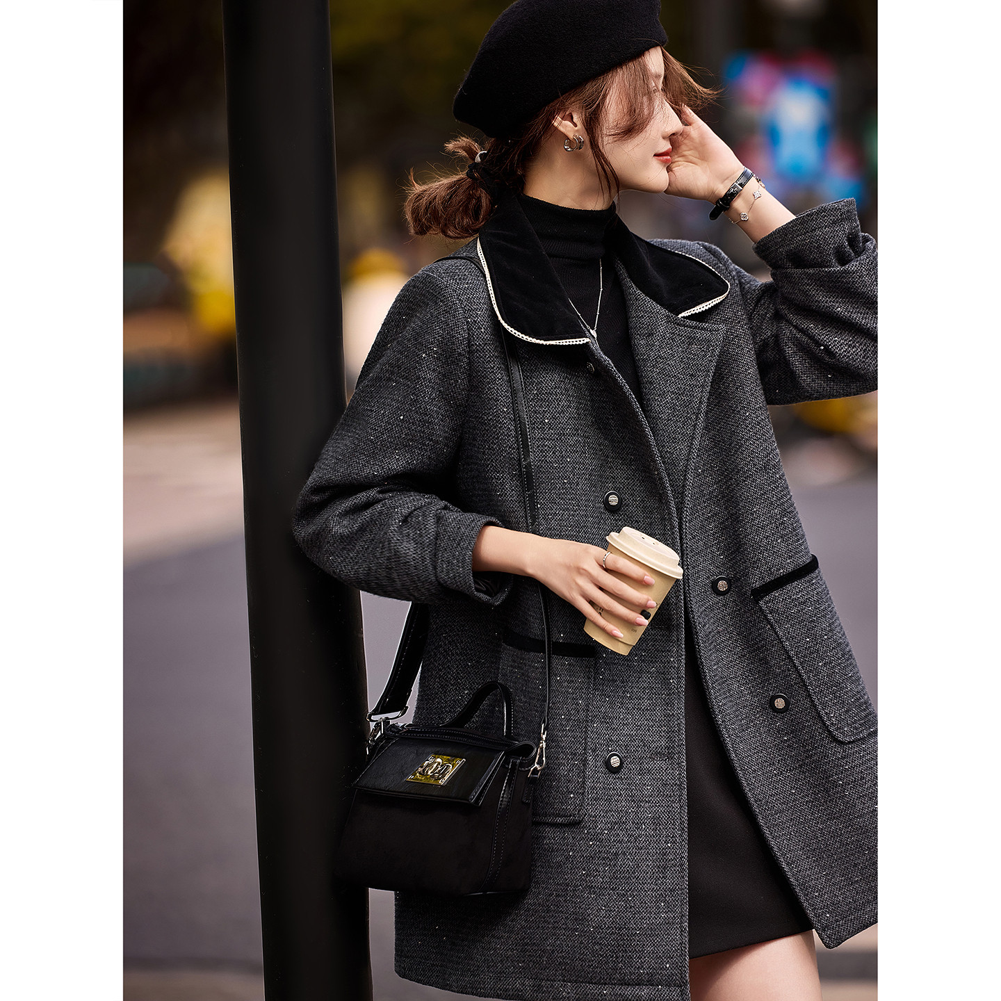 苏醒的乐园90白鸭绒冬时尚高级感翻领中长款显瘦毛呢羽绒服大衣