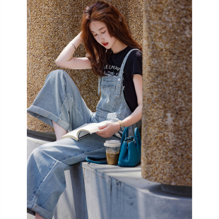 减龄背带牛仔裤 子高腰减龄百搭直筒阔腿裤 乐园宽松显瘦裤 苏醒