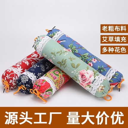全艾草填充颈椎硬枕头艾草矫正修复圆形圆柱护颈枕成人绿色单人枕