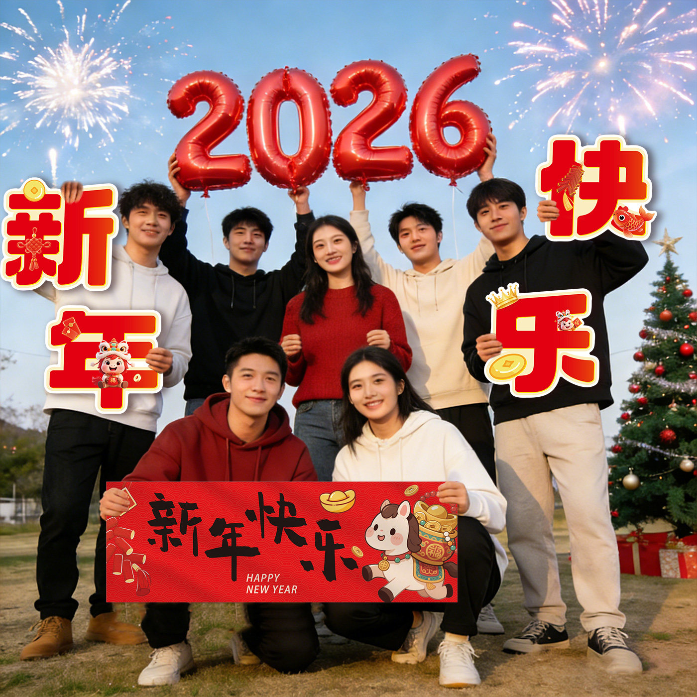 2026跨年晚会新年拍照道具手拿数字气球贺新马年拍摄氛围布置装饰