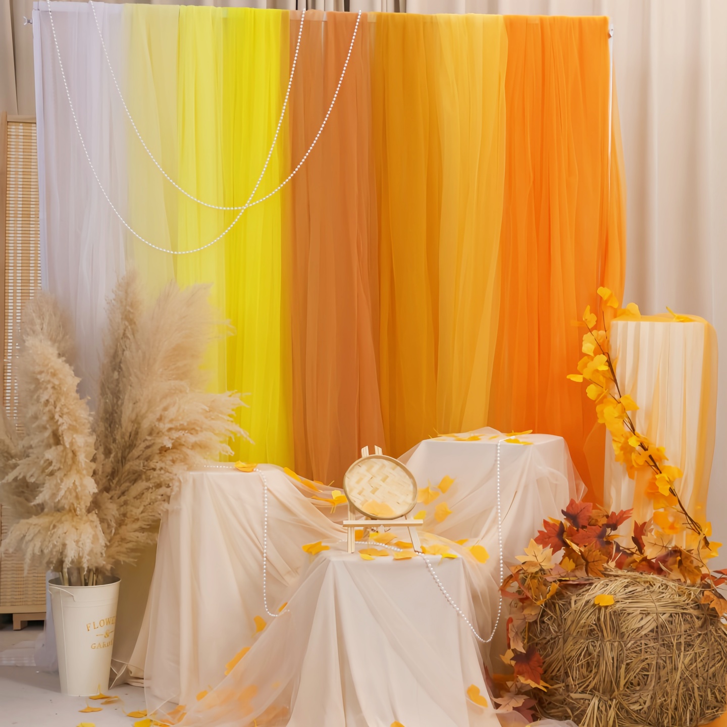 橙色系纱幔网纱布幔中秋氛围感美拉德色装饰幼儿园环创秋收背景布