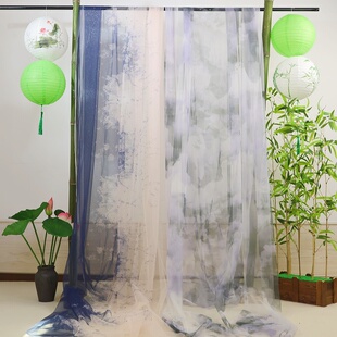 古风水墨山水画纱幔民宿茅草屋门帘装饰新中式婚礼布置半透明网纱