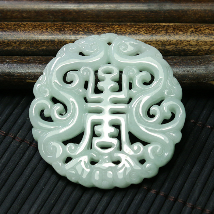缅甸翡翠A货镂空雕刻牌双龙祝寿玉佩挂件浅绿色仿古寿牌玉吊坠