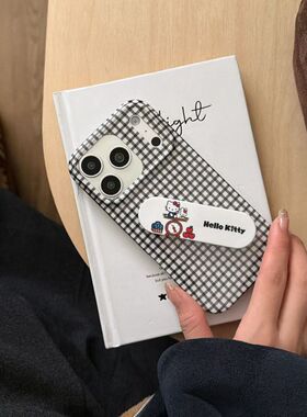 新款ins风黑色格子KT猫创口贴支架iPhone17promax手机壳16高级感15pro全包保护套16/17可爱卡通