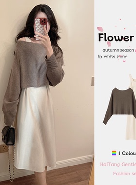 法式白色吊带连衣裙两件套女秋季新款高级感温柔收腰显瘦无袖长裙